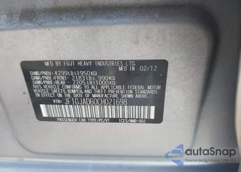 2012 Subaru Impreza 2.0I Premium from USA, damaged, VIN JF1GJAD60CH021698